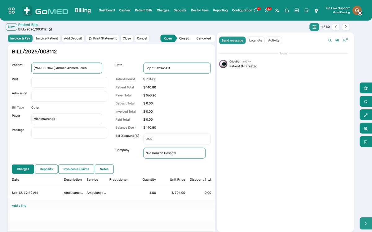 A patient bill: charges, the payer/patient split, deposits and payments.