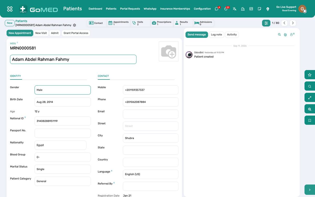 The patient file: identifiers, alerts, insurance memberships, and the smart buttons to every part of the record.