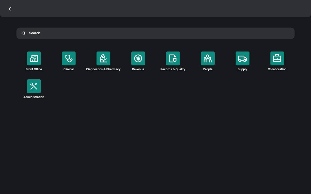 The app drawer: nine groups, one glyph per app.