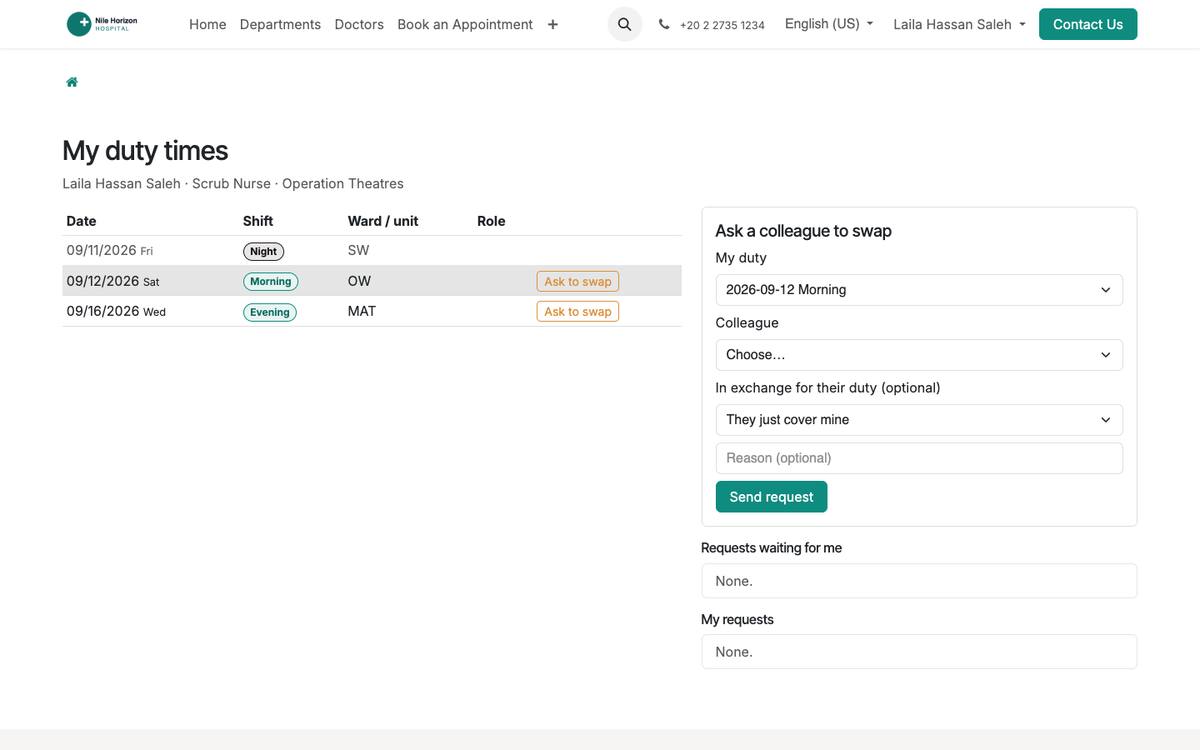 Staff self-service on the portal: duties, swaps, leave, payslips.